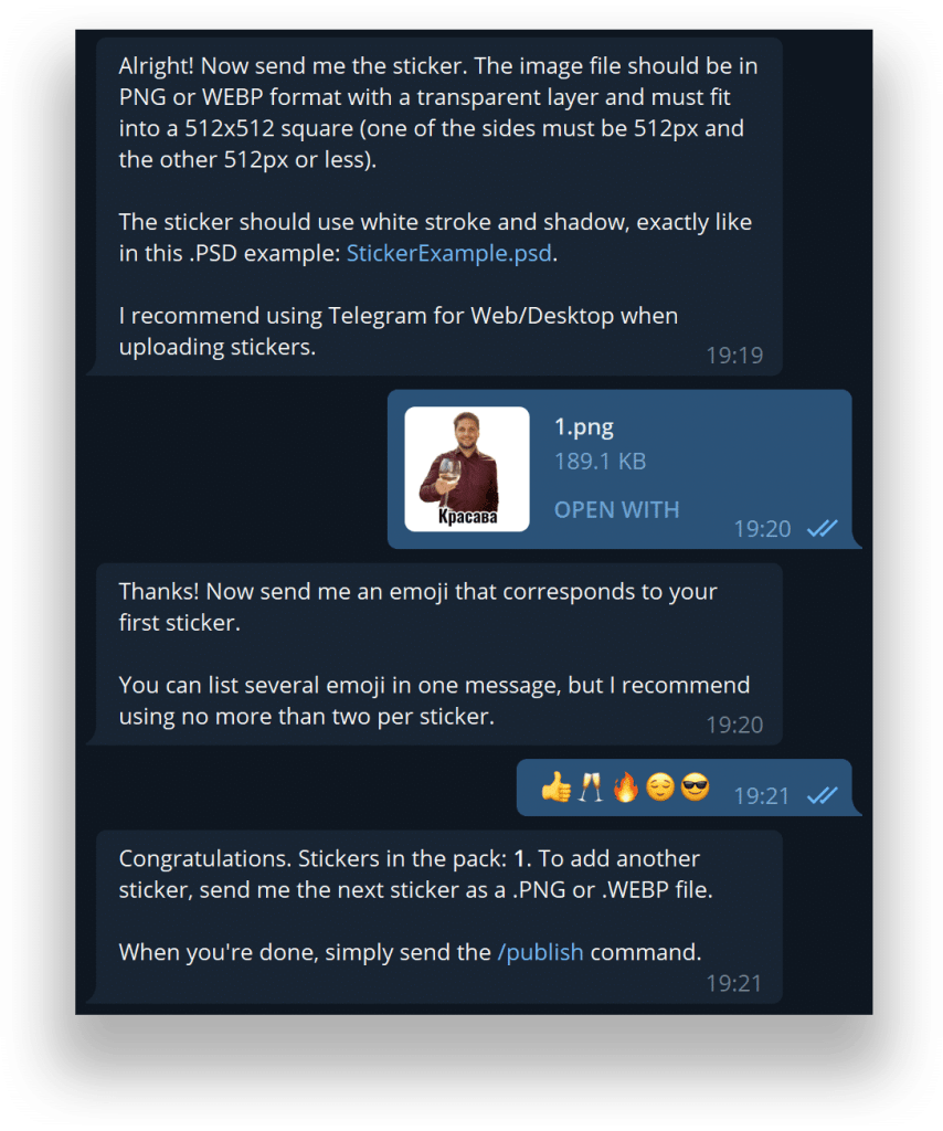 Стикеры в телегу самостоятельно