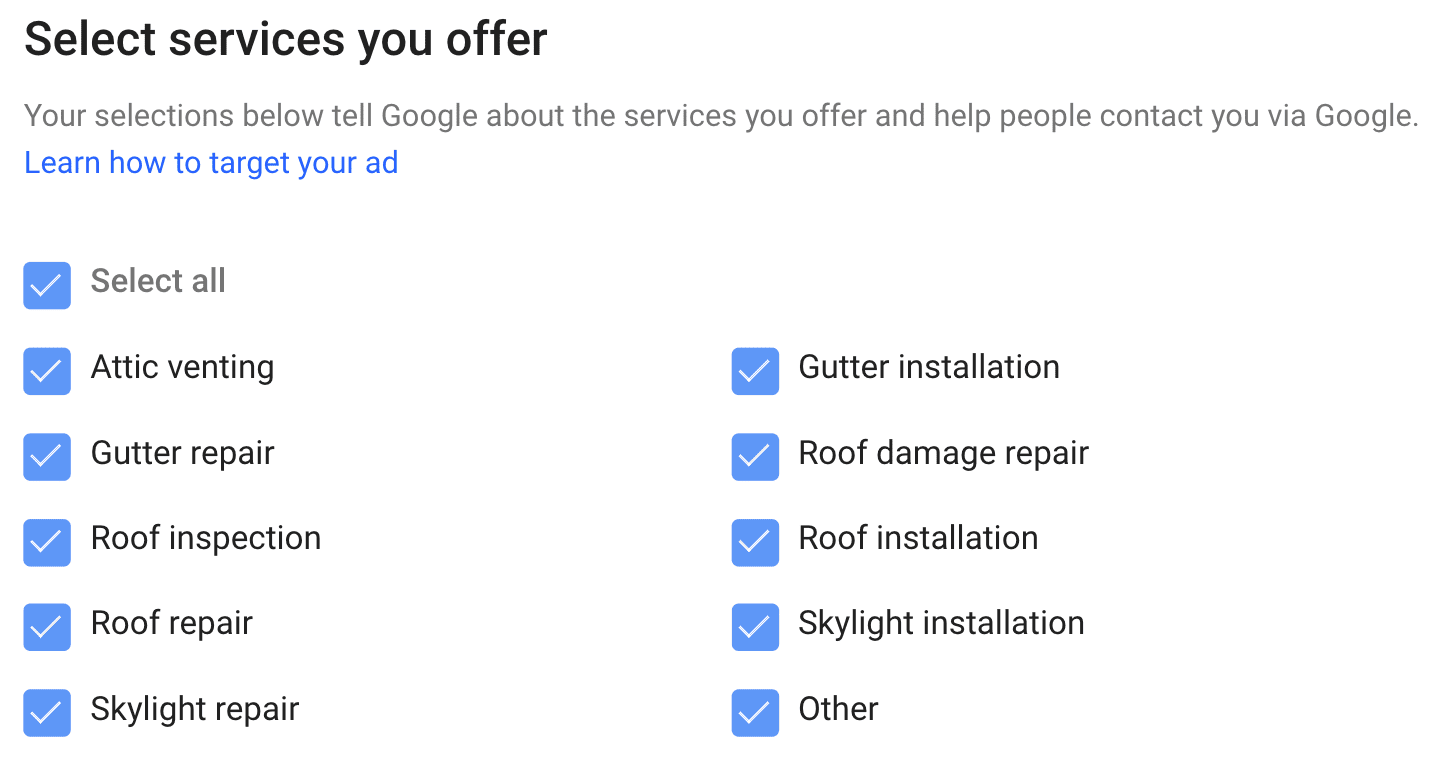Select the specific services you provide