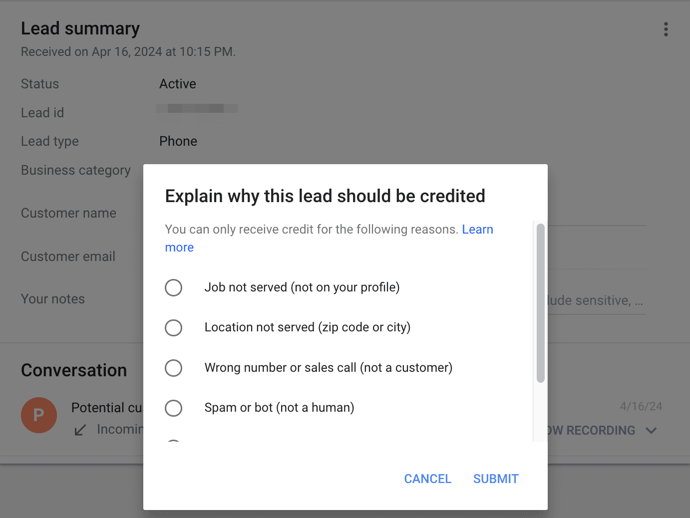 Send requests for reimbursement from Google for the following leads