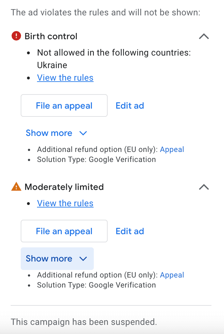 rejected ads in Google advertising for the erotic sphere