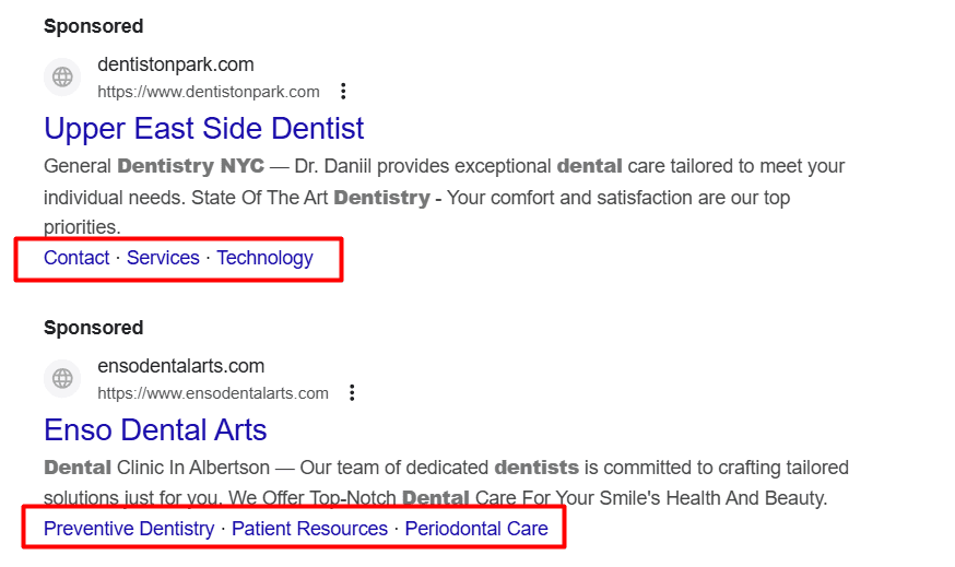 Screenshot from Google Ads results for dentistry