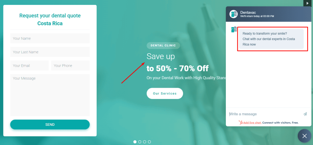 Application form and chat on the website of the clinic from Costa Rica