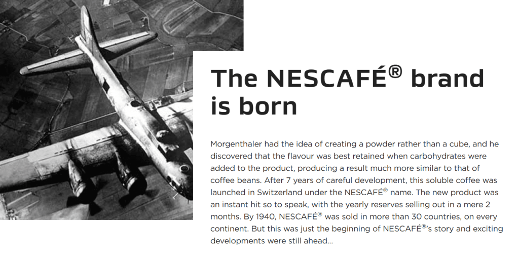 Historical photo of a military aircraft with text about the creation of the NESCAFÉ brand
