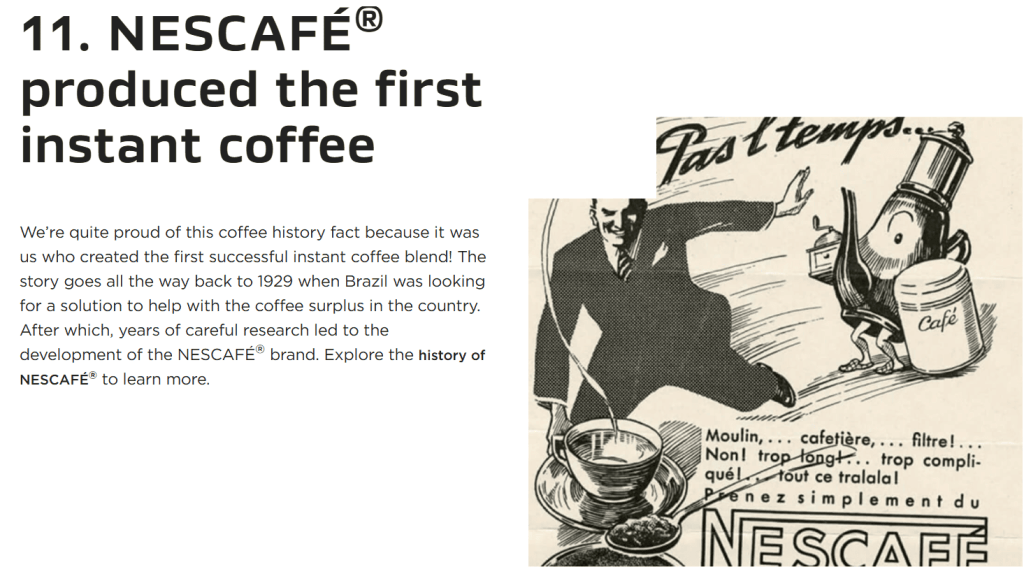 Historic poster and text that NESCAFÉ® created the first successful instant coffee in 1929 as a response to a coffee glut in Brazil