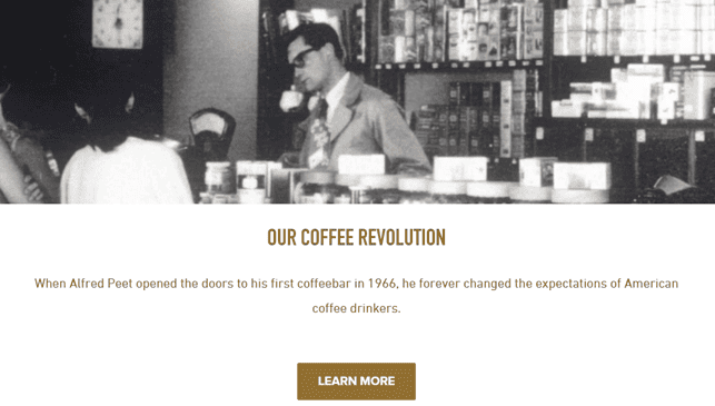 Black and white photo of Alfred Peet in a coffee shop with a caption about the coffee revolution in the United States in 1966 when he opened the first Peet's Coffee bar