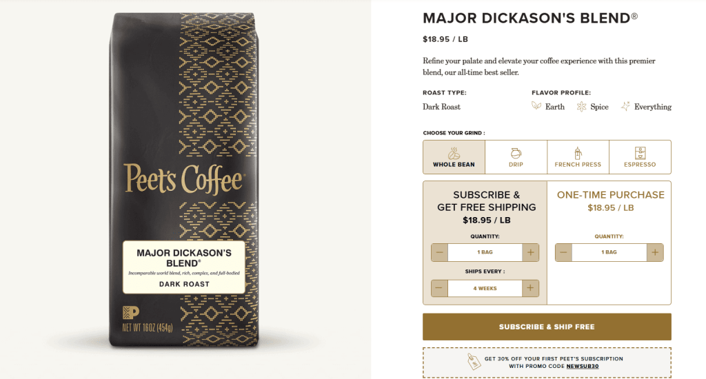 Image of Peet’s Major Dickason’s Blend coffee packaging with information