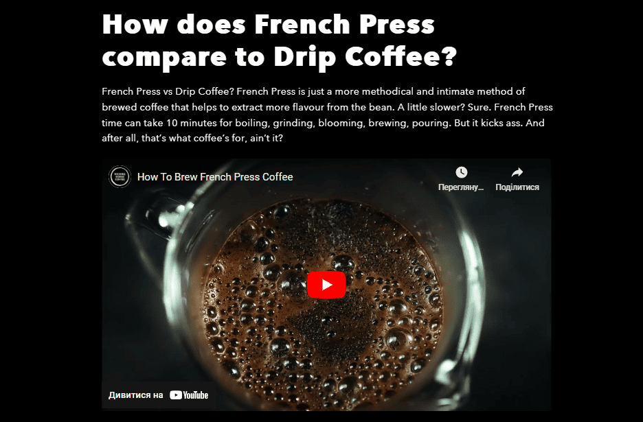 Page with a video about making coffee in a French Press