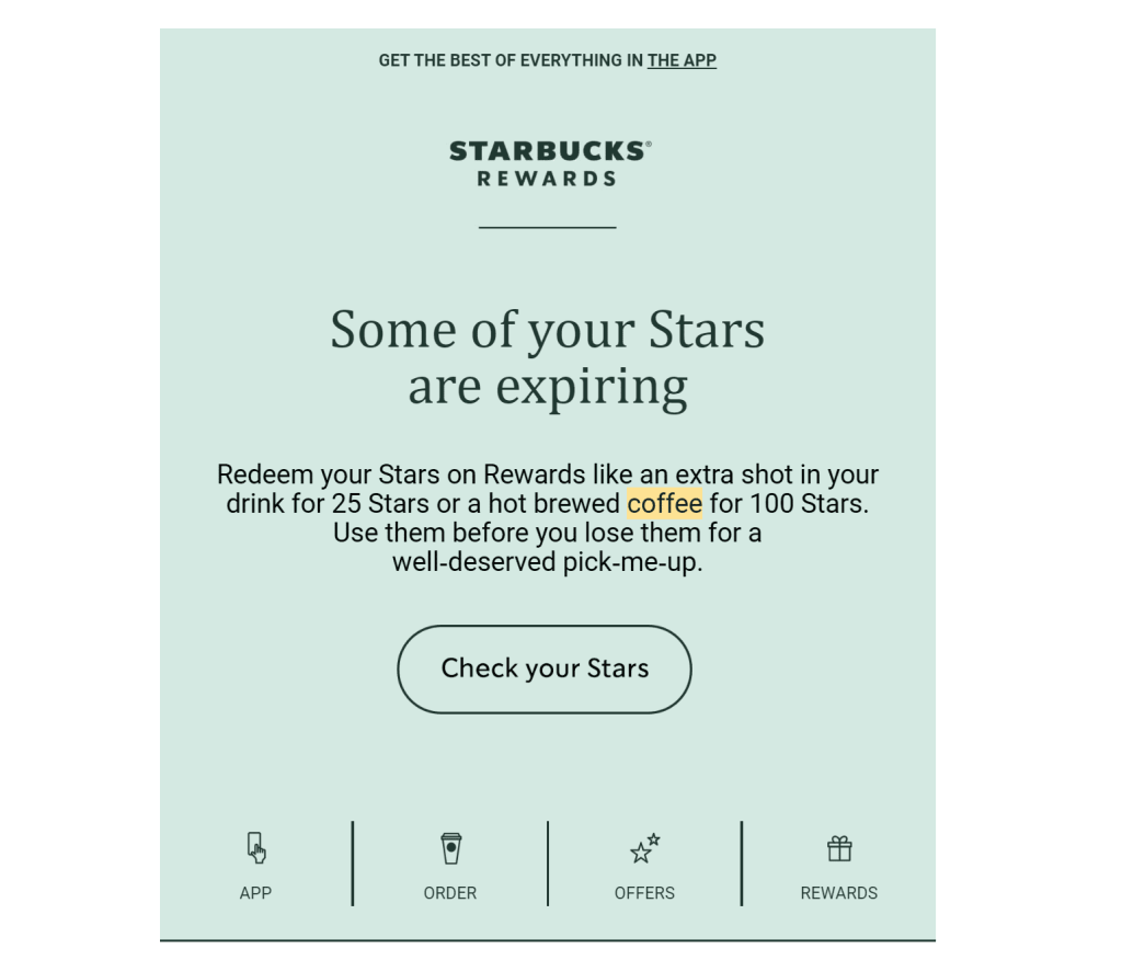 Starbucks notification screen stating that some of your rewards stars will expire soon