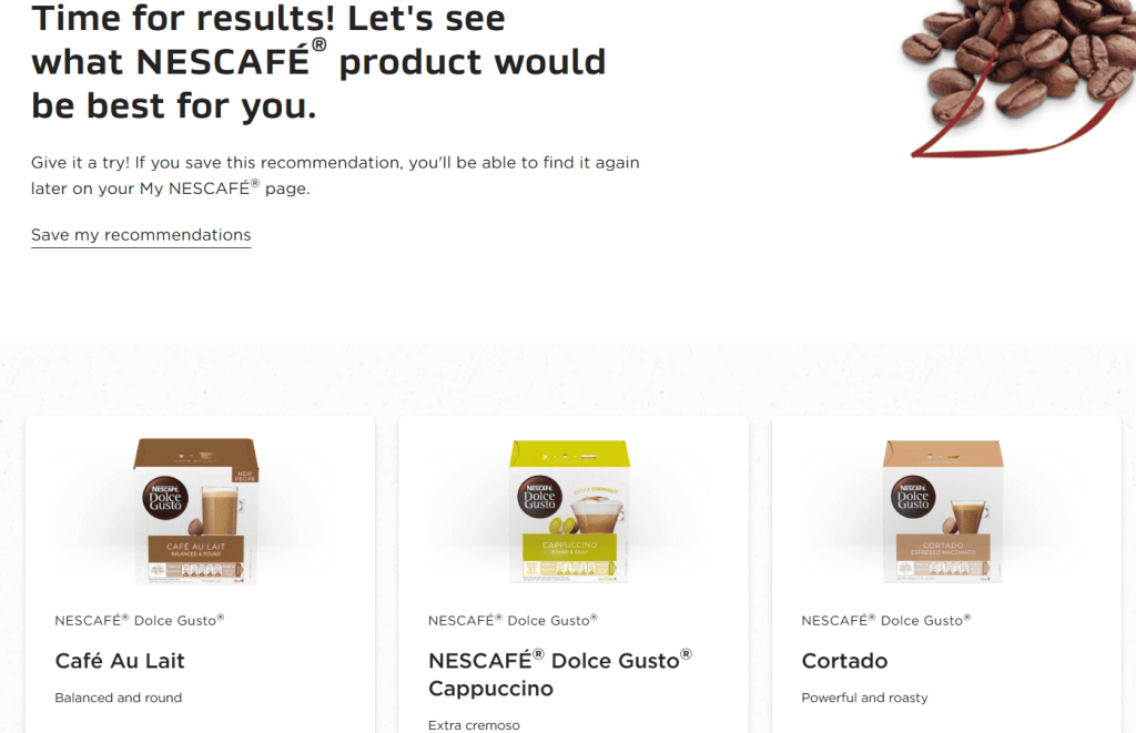 Survey-based NESCAFÉ® product recommendations page