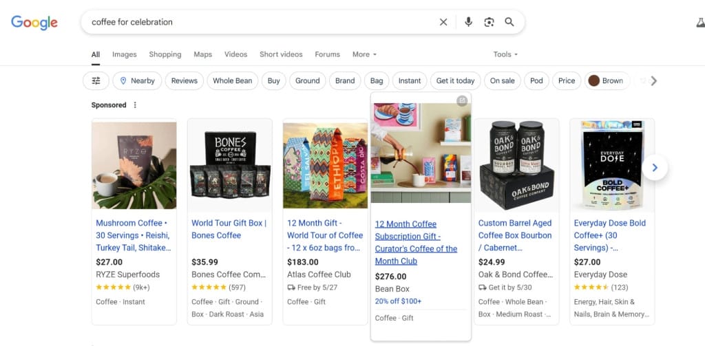 Google Shopping search results for 'coffee for celebration'