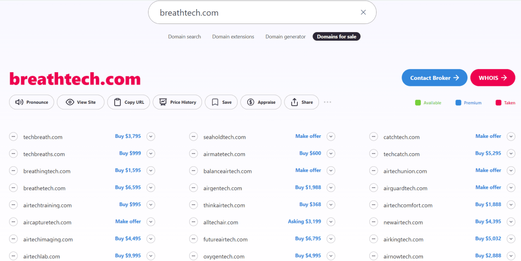 Result of available domain names on the Instant Domain Search website