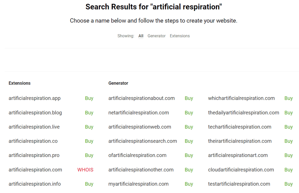 Domain name list from Nameboy