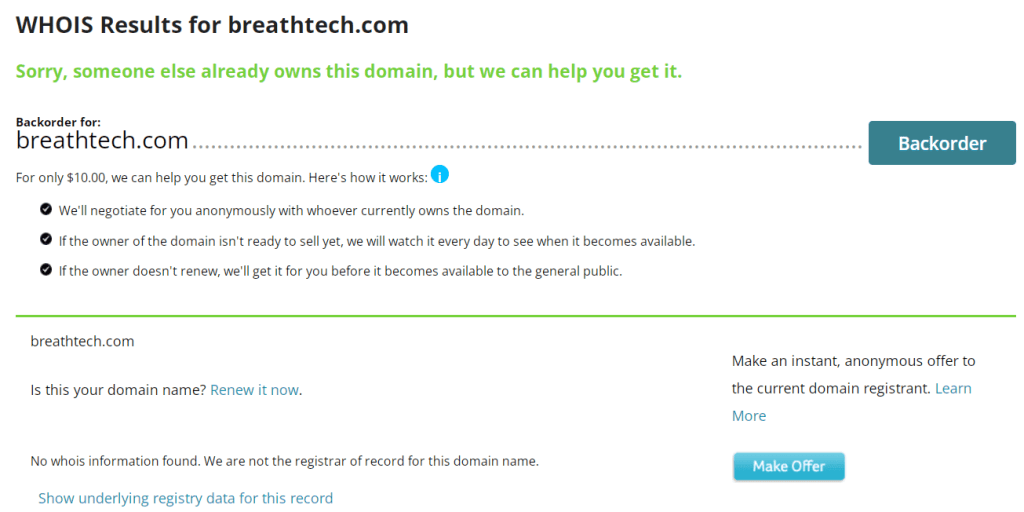Desired domain name status result