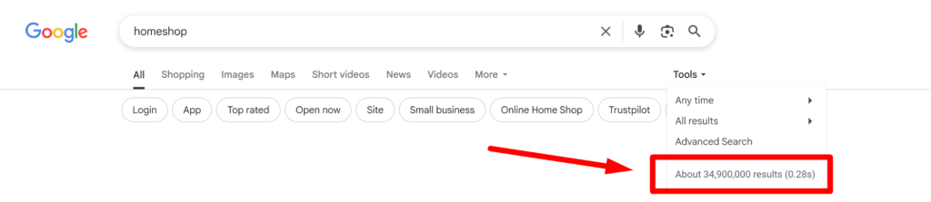 Domain name research in Google search