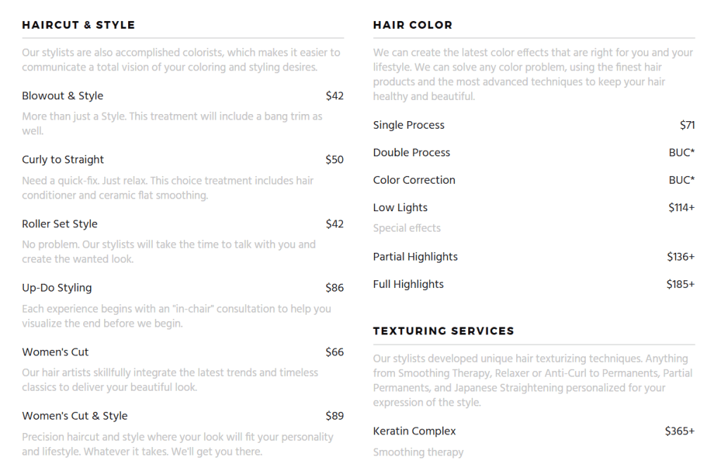 Price list for beauty salons