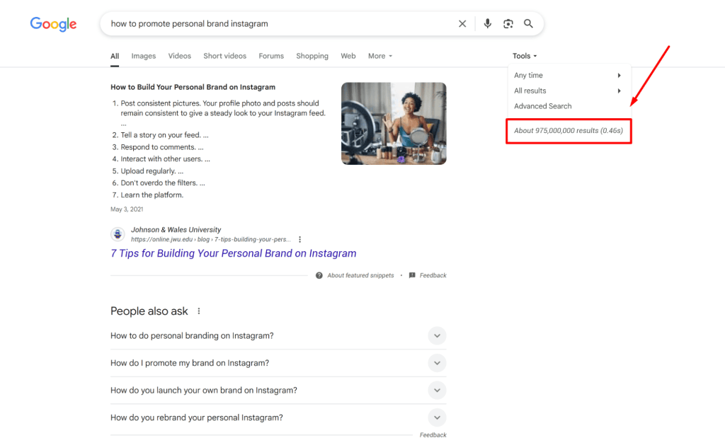 Monthly indicator for the query "how to promote a personal brand on Instagram for a doctor" in the search engine
