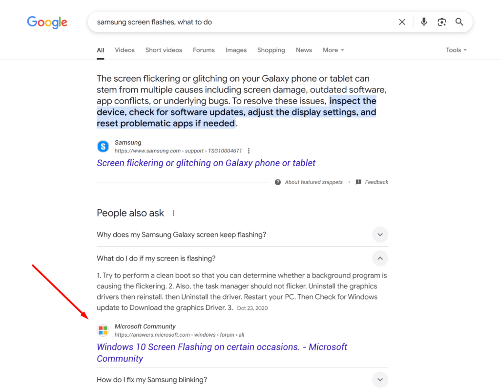 A snippet from Microsoft Community in the query "Samsung screen flashes, what to do"
