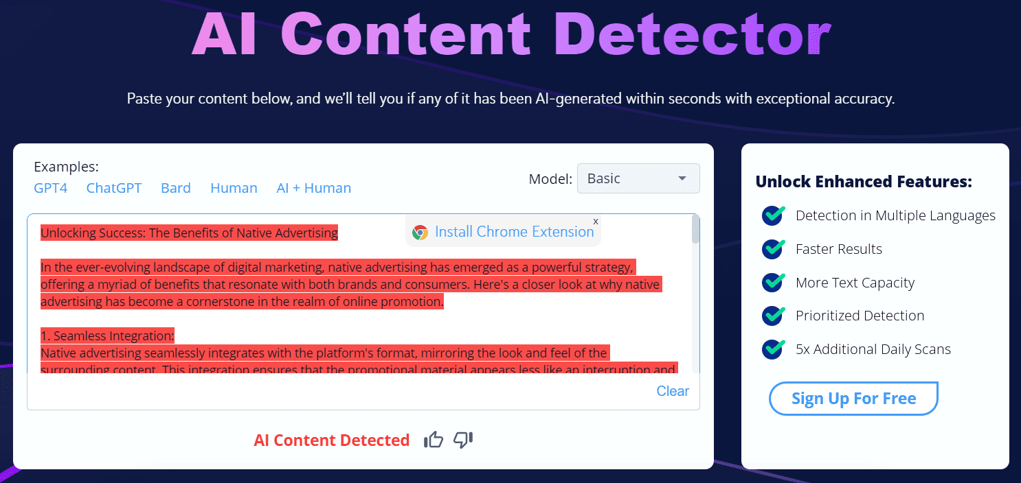 AI Content Detector проверяет текст на совпадение ИИ