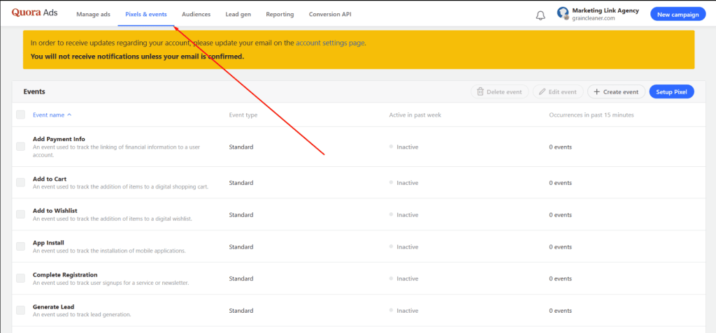 Select Pixels & events in your Quora Ads dashboard