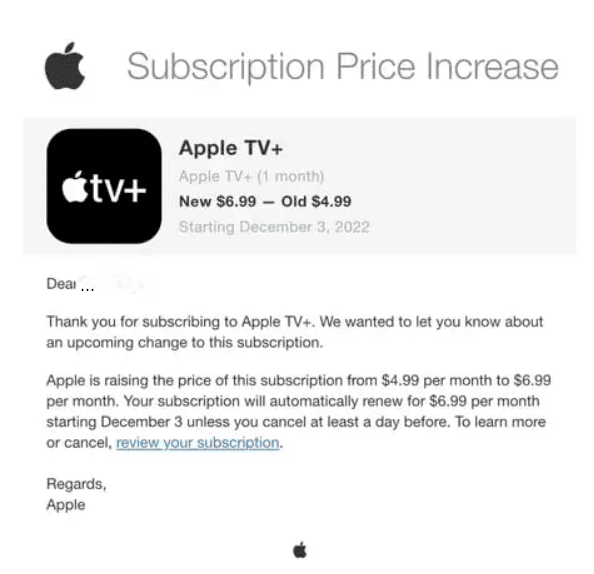 Increase in the cost of Apple TV+