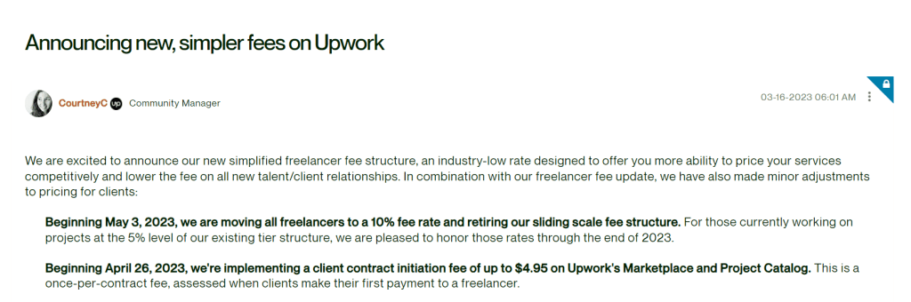 Changes in the commission structure on Upwork