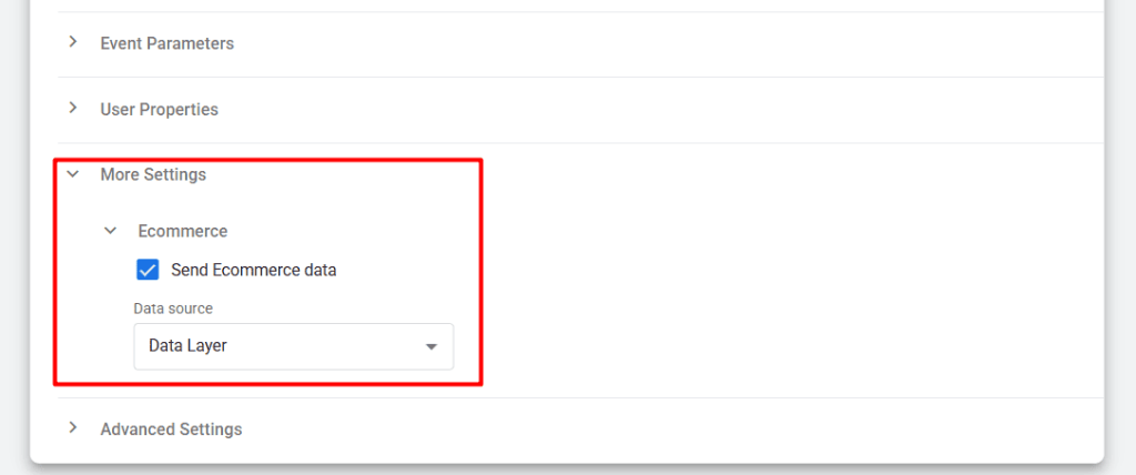 In the settings, select the option “Send Ecommerce data”.