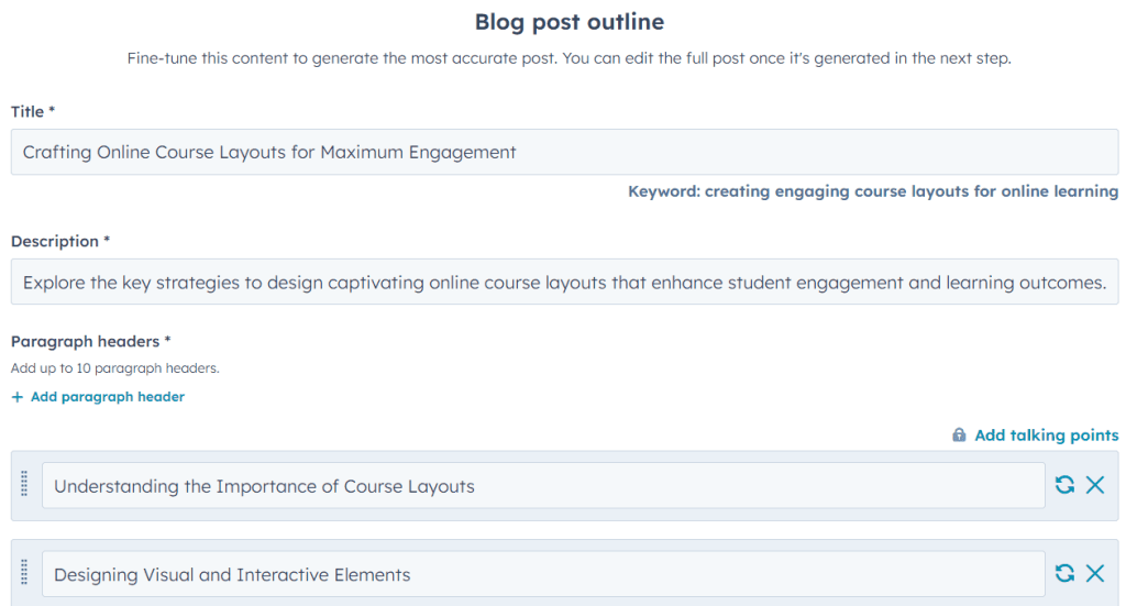 Formation of description and abstracts by HubSpot's Blog Ideas Generator service