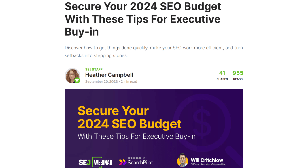 Search Engine Journal page with a webinar announcement