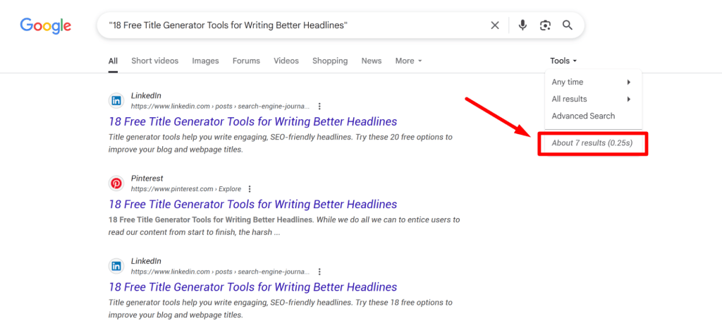 Number of results in the search results that are identical to the query