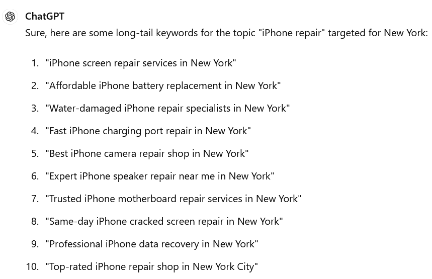 Keyword research from ChatGPT