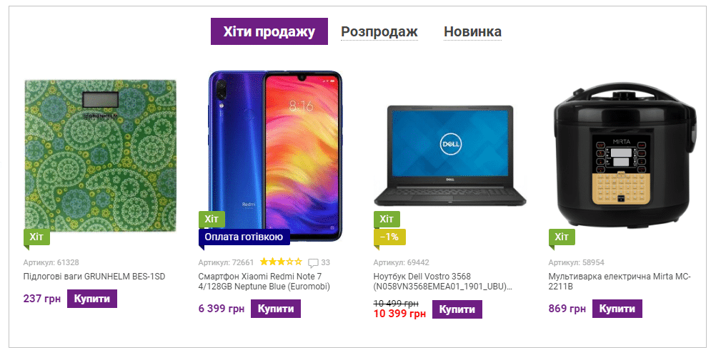 пример витрины товаров