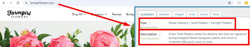 Snippet with a link to the flowers website