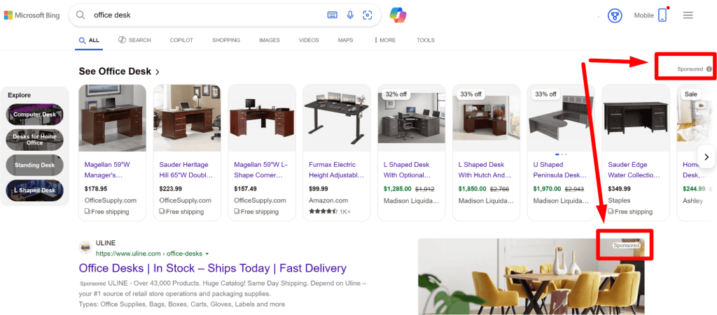 Ads in the Microsoft search engine