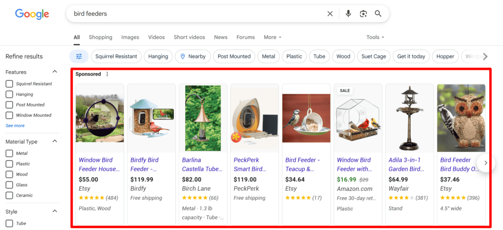 Search engine results for products based on key phrases