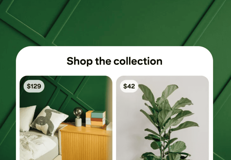 Pinterest interface with home goods and collection prices