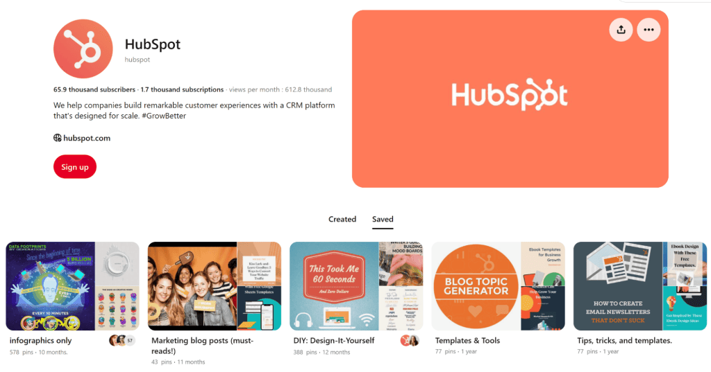 HubSpot brand page on Pinterest with posts and marketing templates