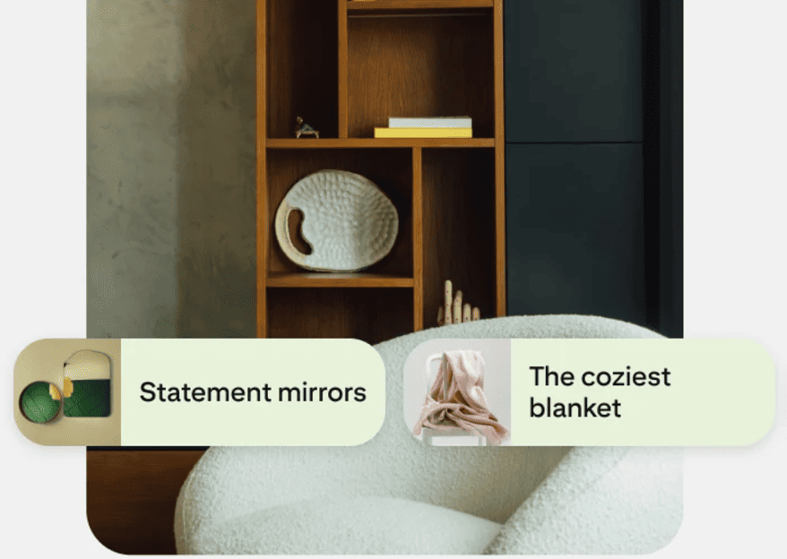 Interior with shelves, chair and product labels: mirrors and blankets