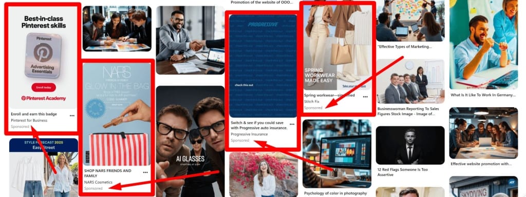 A selection of Pinterest promotional pins from Stitch Fix, NARS, Progressive, Pinterest Academy