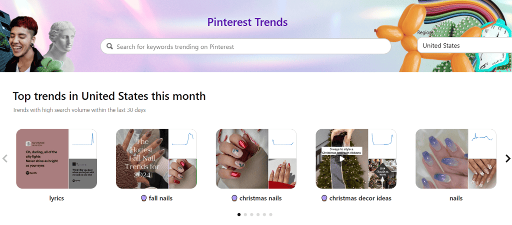 Pinterest trends in the US over the past month with popular searches
