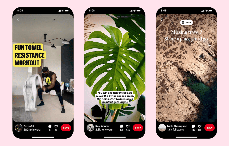 Three Pinterest video stories: a workout, a houseplant, and a beach location