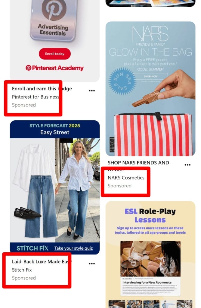 Pinterest ad cards featuring NARS, Stitch Fix, and Pinterest Academy brands