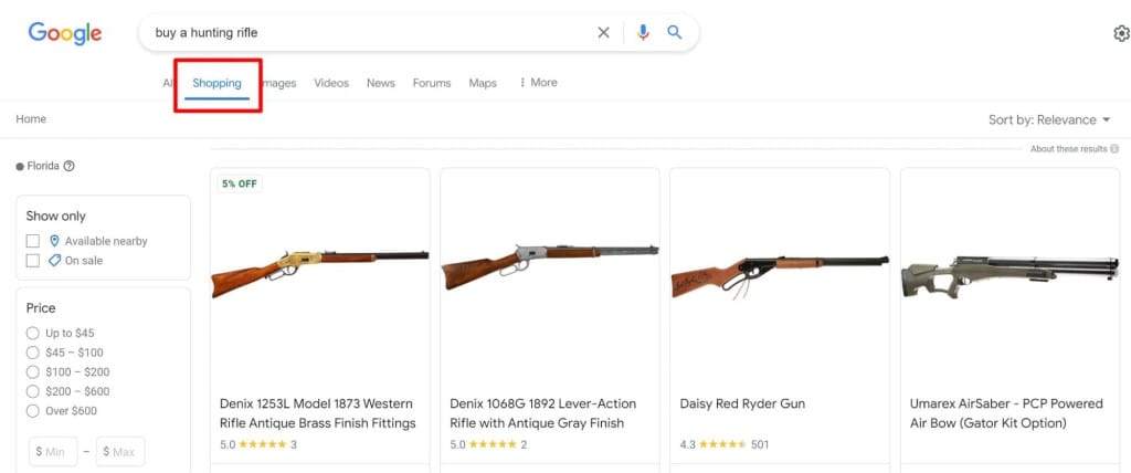 реклама оружия в гугл шопинг в Украине запрещена