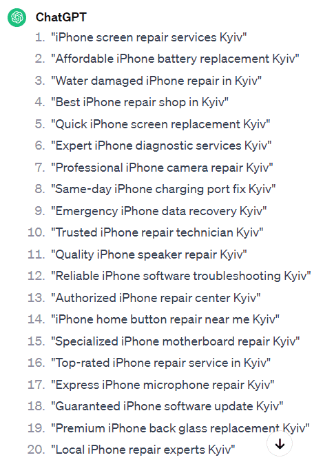 Пошук ключових слів промт chatgpt4