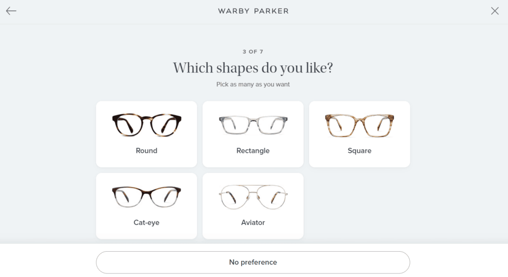 Online quest for the selection of glasses