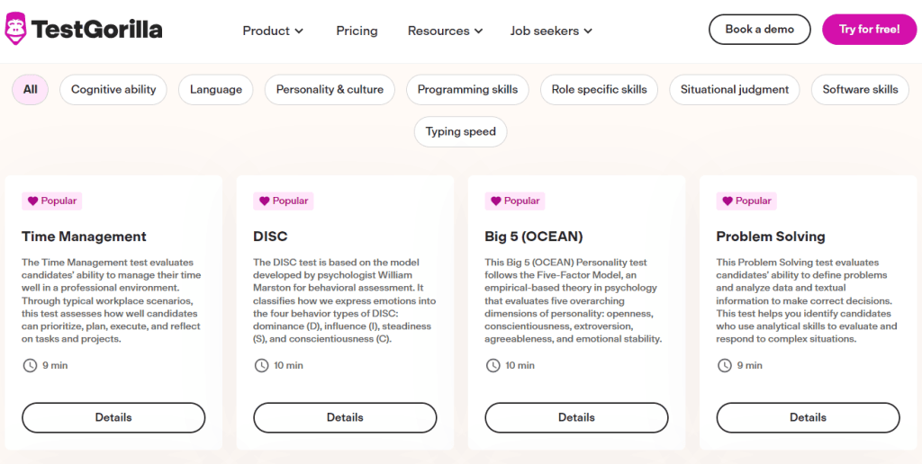 List of tests for assessing professional skills on the TestGorilla website