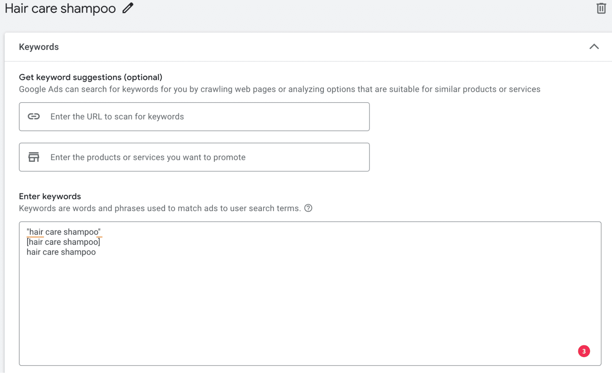 What search campaigns look like when setting up