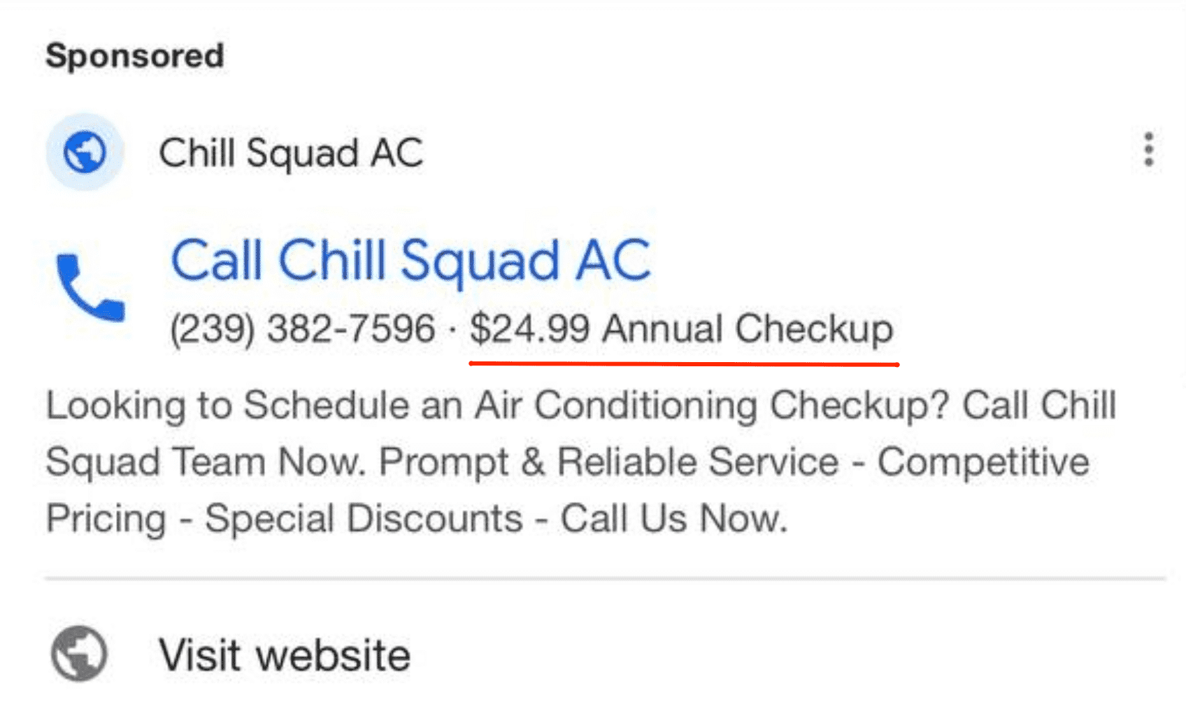 Manual extensions in search ads Prices