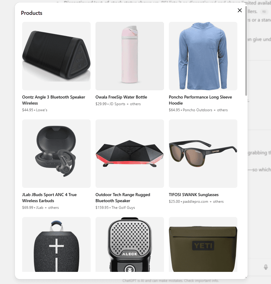 Product cards in ChatGPT dialogue