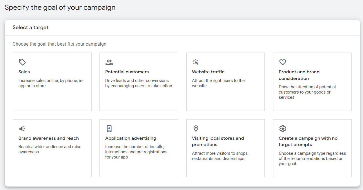 Purpose and type of search campaign on Google