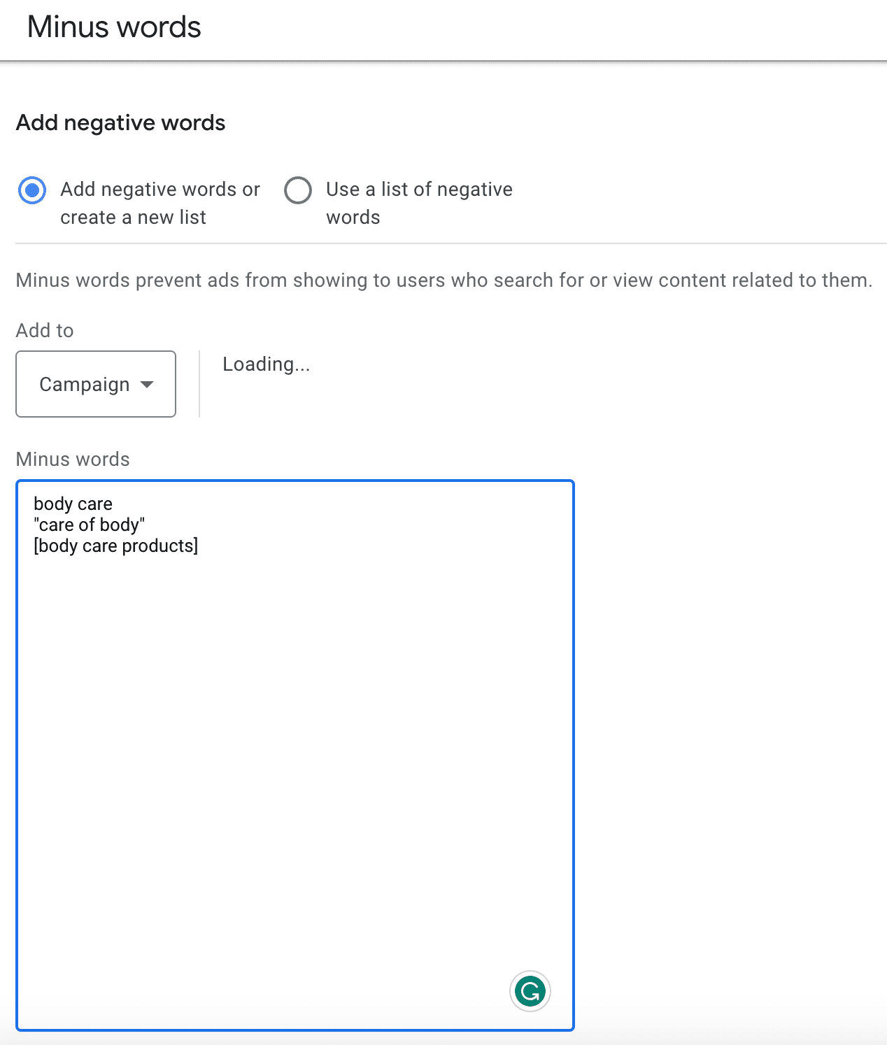 Negative keywords in search campaigns